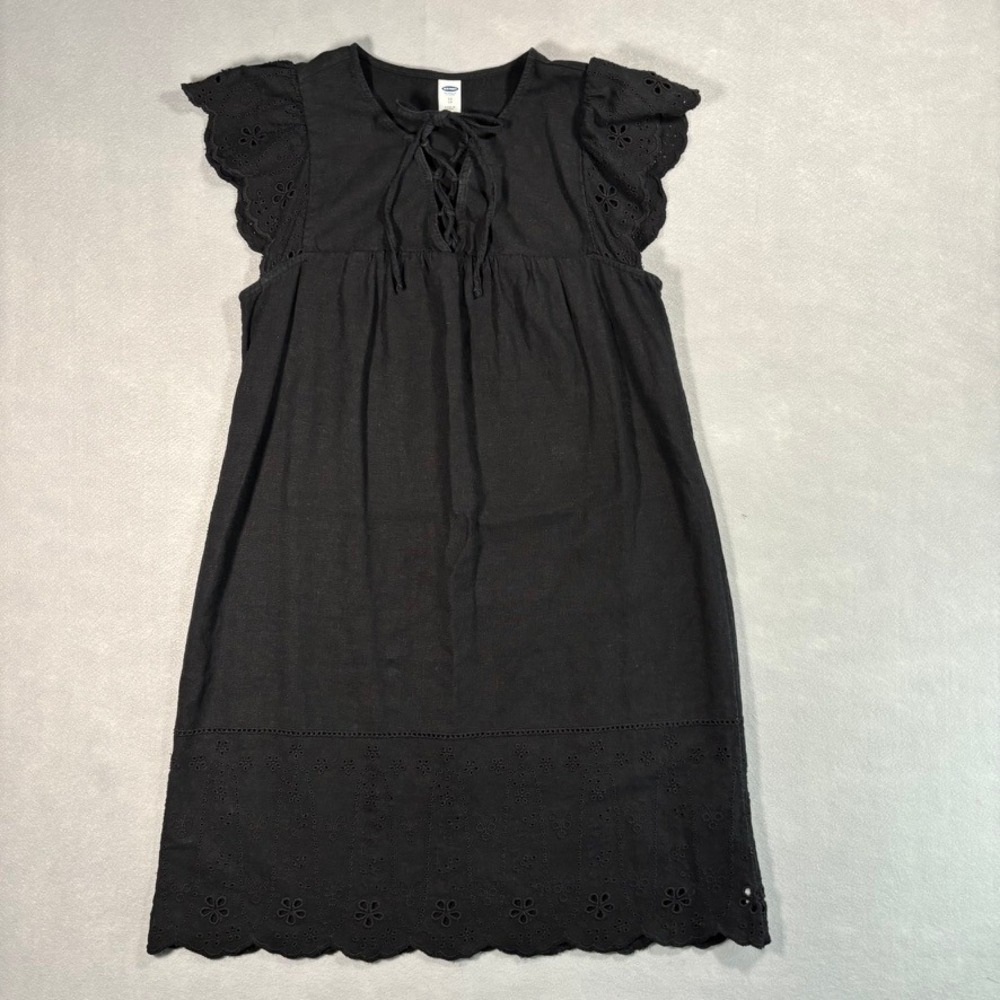 Black Linen Blend Eyelet Flutter Sleeve Lace Up Shift Mini Dress XS Whimsigoth